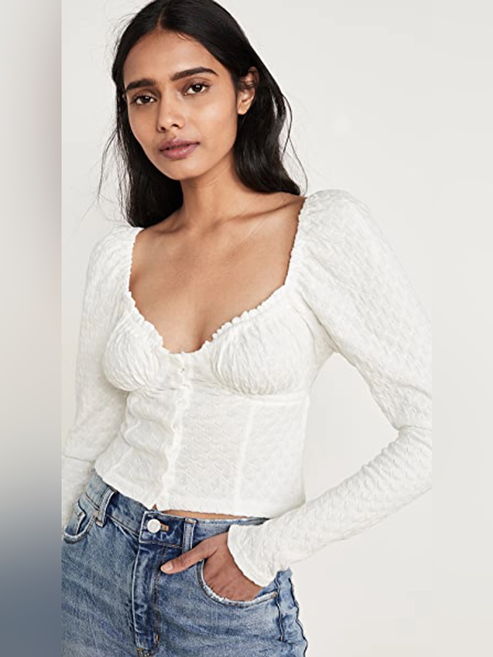 Free People White Textured Sweetheart Button-Front Blouse